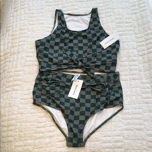 NWT Mavee Curve Checkerboard Two-Piece Swim Set in Dark Green & Black